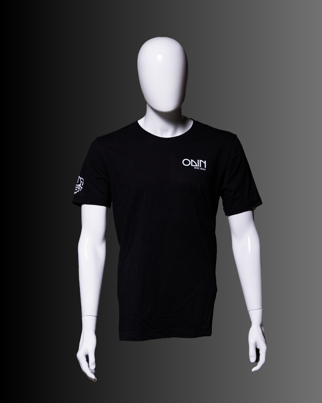 Black Men's disc golf t-shirt front view on model – Odin Disc Golf