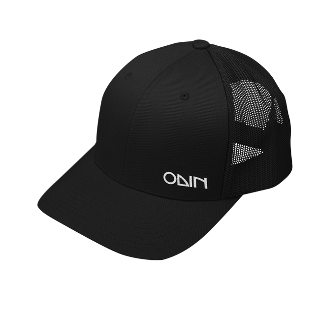 Black mesh snapback trucker cap with the ODIN brand logo on the front.
