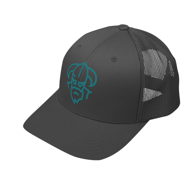 Charcoal snapback disc golf hat with large blue embroidered Odin logo | Odin Disc Golf