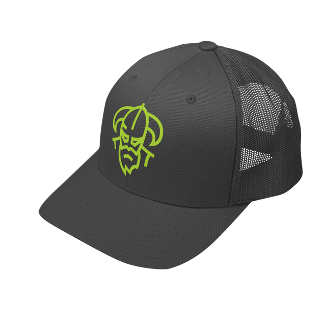 A dark grey mesh snapback trucker cap with a green logo on the front.