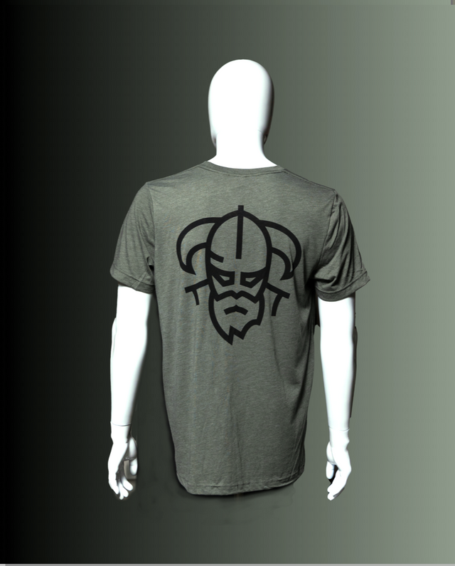 Green Men's disc golf t-shirt back view on model – Odin Disc Golf