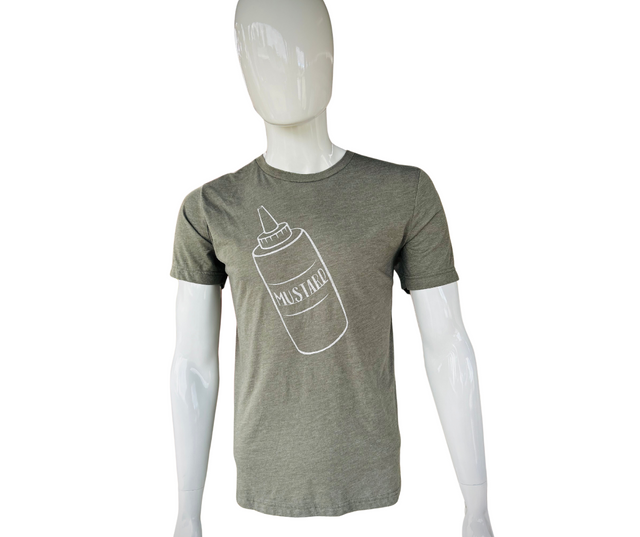 A men's mustard yellow t-shirt with a graphic print in the front, displayed on a mannequin.