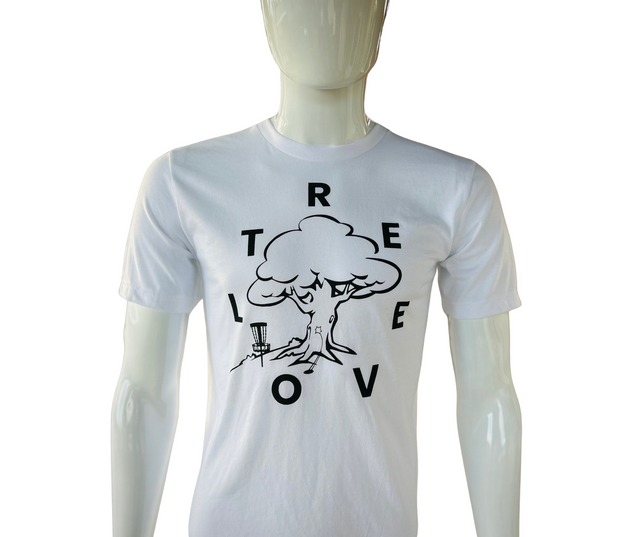 White crew neck t-shirt with a graphic print of a tree and the text 'TREE LOVE' on the front.