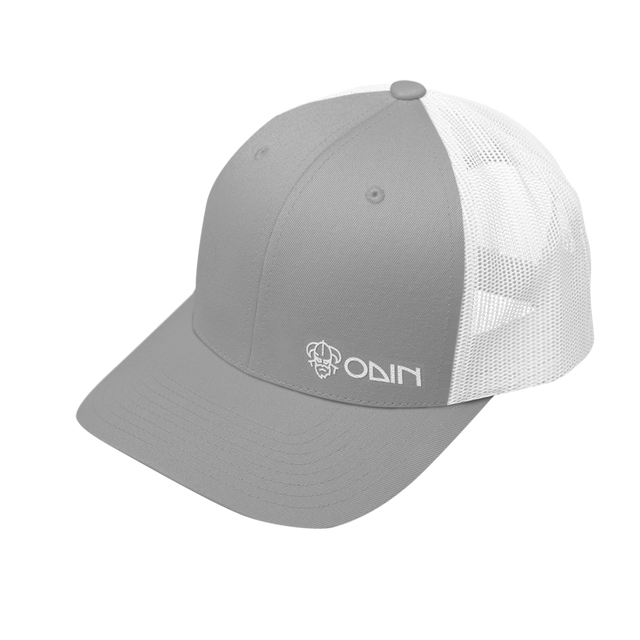 Two-tone grey and white snapback disc golf hat with small Odin vinyl print | Odin Disc Golf