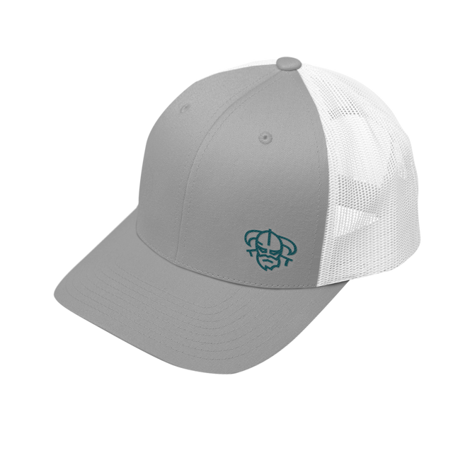 Two-tone grey and white snapback disc golf hat with small steel blue embroidered logo | Odin Disc Golf