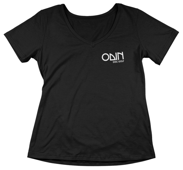 Women's black disc golf t-shirt front view – Odin Disc Golf
