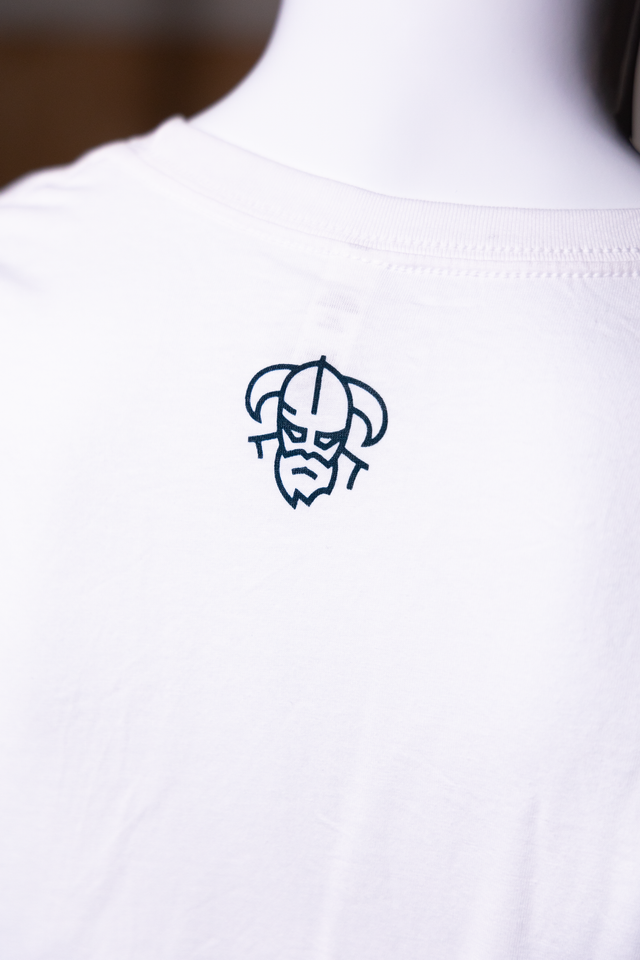 White Men's disc golf t-shirt back view of t-shirt, showcasing small Odin logo by the neck | Odin Disc Golf Apparel