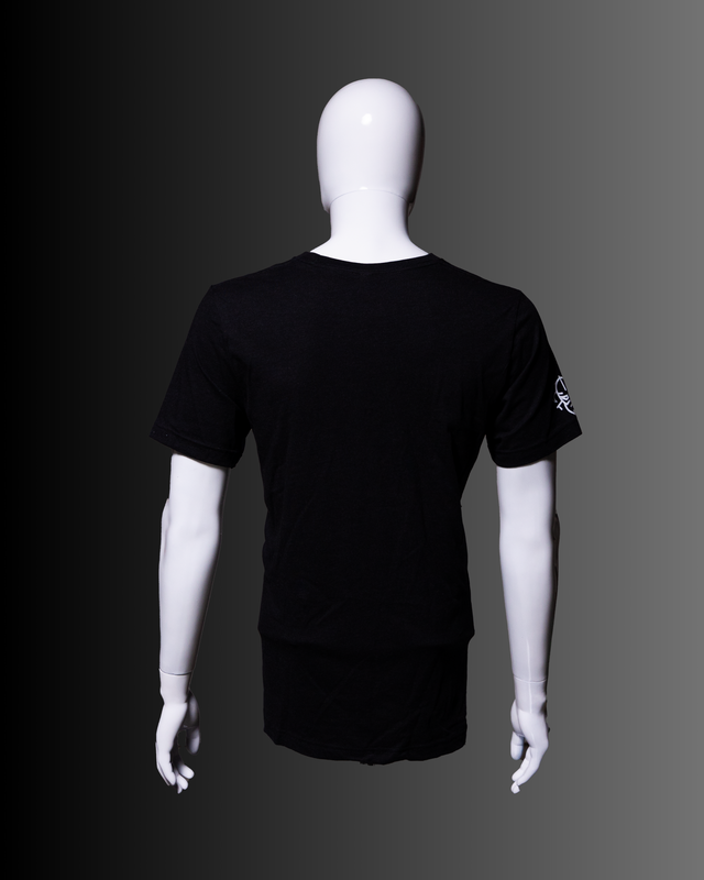 Black Men's disc golf t-shirt showcasing back with odin logo on sleeve– Odin Disc Golf