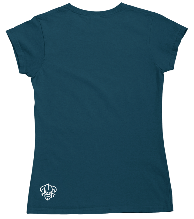 Women's blue disc golf t-shirt back view with odin logo on bottom corner– Odin Disc Golf
