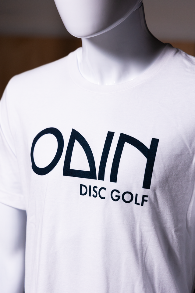 White Men's disc golf t-shirt  front view of model | Odin Disc Golf Apparel

